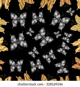 Seamless pattern with golden and silver butterflies on black background. Vector decorative illustration