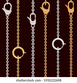 Seamless pattern golden and silver chain with claw clasp jewelry accessory flat vector illustration on dark background