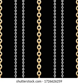 Seamless pattern of golden and silver chains on black background. Repeat design ready for decor, fabric, prints, textile.
