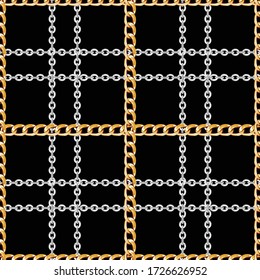 Seamless pattern of golden and silver chains on black background. Repeat design ready for decor, fabric, prints, textile.