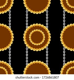 Nahtlose Muster von goldenen und silbernen Ketten auf schwarzem Hintergrund. Wiederholen Sie das Design bereit für Stoff, Drucke, Textilien.