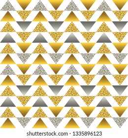 Seamless pattern with golden and silver glittering triangles. Gold geometrical repeatable pattern. Can be used for fabric, scrap booking, wallpaper, web background, invitation, paper, vector