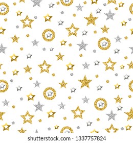 Seamless pattern with golden and silver glittering stars. Gold Seamless pattern. Repeatable background. Can be used for fabric, scrap booking, wallpaper, web background, invitation, vector
