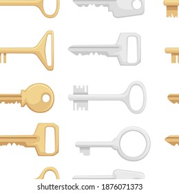 Seamless pattern of golden and silver keys for closing and opening door chest and others flat vector illustration on white background