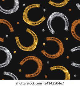 Seamless pattern with golden, silver, rusty horseshoes, rivets on textured white background. Vintage illustration for equestrian sport concept or lucky concept