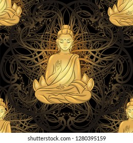 seamless pattern of golden sitting Buddha on a black background