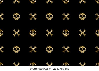 Seamless pattern with a golden skull and crossbones on a black background. Gold glitter vector illustration.