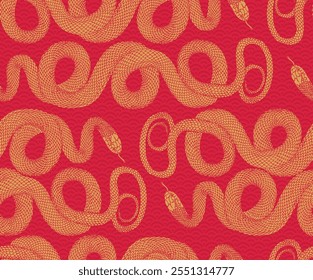 Sinal zodíaco de cobra dourada com elementos asiáticos estilo de corte de papel em fundo vermelho. Feliz ano novo chinês 2025 o signo do zodíaco da cobra. Ilustração de vetor de cobra de ouro padrão sem costura.