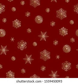 Seamless pattern with golden snowflakes on a red background. Vector illustration for use in design.