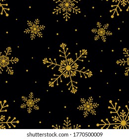 Nahtlose Muster, goldene Schneeflocken auf schwarzem Hintergrund, Vektorgrafik