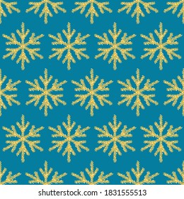 Seamless pattern with golden snowflakes on blue background. Christmas, New Year, winter holiday design