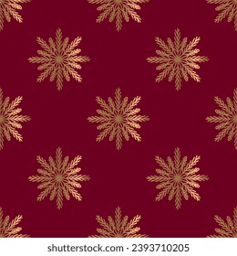 Seamless pattern with golden snowflakes on deep red background. Christmas pattern. Festive print. Vector background