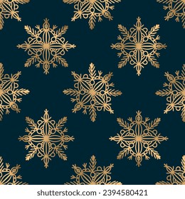 Seamless pattern with golden snowflakes on deep blue background. Christmas background. Winter print. Vector illustration