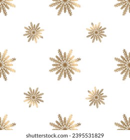 Seamless pattern with golden snowflakes on white background. Holiday seamless pattern. Vector print. Wallpaper print