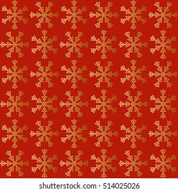 Seamless pattern of golden snowflakes on red background. Vector illustration for New Year design, can be used for scrap-booking, textile and clothes printing, web design or packaging materials.