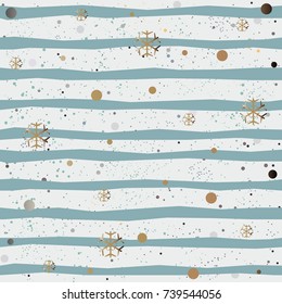 Seamless Pattern with golden snowflakes on light blue background with tiny dots. Winter. Hand Drawn Design. Great for wall art design, gift paper, wrapping, fabric, textile, etc. Vector Illustration.
