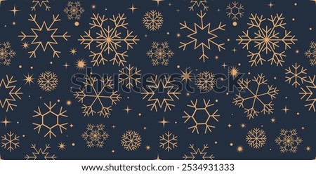 Seamless pattern of golden snowflakes on a dark background.  Christmas. Gift wrapping. Print on paper and textiles. Vector illustration