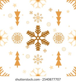 Seamless Pattern Golden Snowflakes and ornamented bauble for Christmas and New Year. texture clothing scarf decoration
