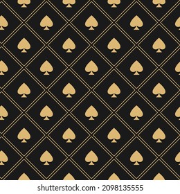 Seamless pattern with golden spades. Casino gambling, poker background. Alice in wonderland ornament. Fantasy wallpaper.