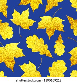 Seamless pattern with Golden sparkling yellow maple and oak leaves. Autumn textile Vector illustration on blue background