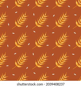 Seamless pattern golden sprig of wheat, barley or rye. Ripe cereal. Harvesting and processing. Colorful vector illustration hand drawn. Farm agriculture. Golden branch. Wrapping or textile print