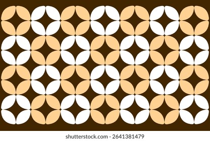 seamless pattern with golden squares. Seamless geometric pattern reminiscent of traditional Indonesian batik, featuring interlocking white and light orange petals or leaves on a dark brown background.
