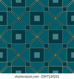 Seamless pattern with golden squares on deep green color. Art deco style. Geometric print. Vintage background