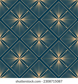 Seamless pattern with golden squares with ornament on deep blue. Vector illustration. Fabric print.