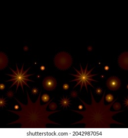 Seamless pattern of golden star lights on black surface, empty space above, blurred bokeh, backdrop for christmas, abstract background illustration. Creative vector light art concept, Simple design.