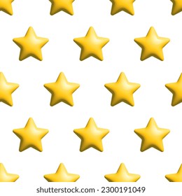 Seamless pattern with golden stars 3d. Yellow stars with soft glare. Vector illustration isolated on white background, for wrapping, packaging