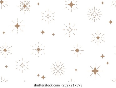 Padrão contínuo com estrelas douradas. Natal, design de aniversário em cor dourada em um fundo claro. Ilustração vetorial moderna na moda. Linha bonito estrela brilho design. Padrão contínuo com estrela