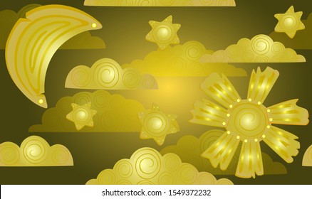 Seamless pattern with golden stars, clouds, sun and moon on a dark background. Tranquil night sky. EPS10 vector illustration
