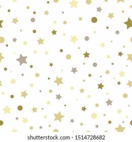 Seamless pattern with golden stars, dots and sparkles on white background. Vector illustration. Magic confetti, glitter. Stardust party background. 