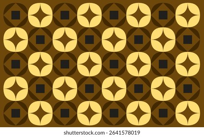 seamless pattern with golden stars. Ethnic style Indonesian Batik motif featuring a geometric pattern with alternating light brown petal shapes and dark brown squares on a medium brown background