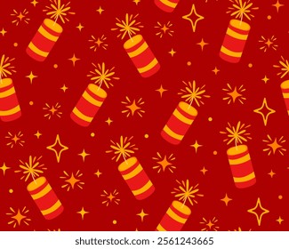 Seamless pattern with golden stars, festive crackers and sparklers on red background. Chinese New Year, Tet, Lunar New Year. Wrapping paper.