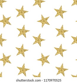 Seamless pattern with golden stars. Glittering texture with shining sparkle. Modern vector for textile, cloth, fabric, luxury invitation, birthday or holiday cards, certificate.