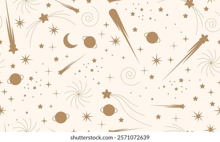 Seamless pattern with golden stars. Hand drawn stars texture. Night starry sky. Space universe or cosmos pattern with constellation, falling meteorites, comets and twinkling stars light