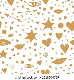 seamless pattern with golden stars, hearts, lips, arrows, eyes. colorful and festive. hand drawn naive, childish style background