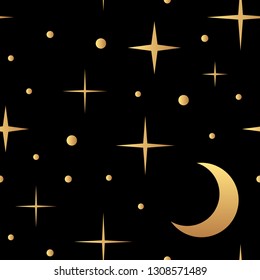 Seamless pattern with golden stars and moon on a black background.