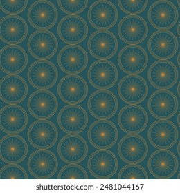 Seamless pattern with golden stars on green background. Vector 2d cartoon illustration. Night space