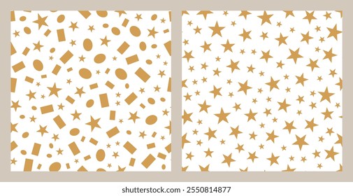 Seamless pattern of golden stars, ovals, rectangles, and squares. White canvas, ideal for holiday-themed designs, party invitations, and decorative uses