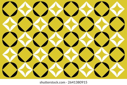 seamless pattern with golden stars. Simple geometric ethnic style pattern featuring alternating black and white quadrant-filled squares on a vibrant yellow background. Floral background design
