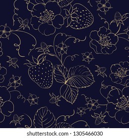 Seamless pattern of golden strawberry on dark background. Vector illustration.