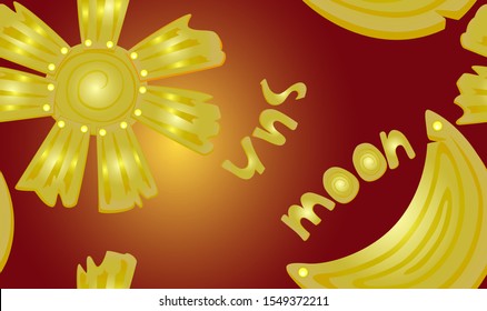 Seamless pattern with golden sun and moon on a red background. EPS10 vector illustration