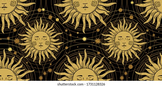 Seamless pattern with the golden sun on a black background, galaxies and stars. Mystical ornament in the old vintage style. Vector illustration