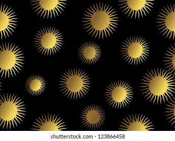 Seamless pattern with golden sun silhouettes. Aztec pattern.