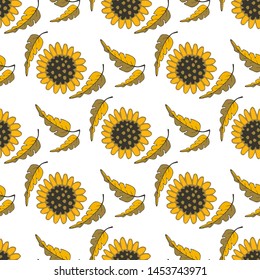 Seamless pattern with golden sunflowers and leaves on the white background. Endless texture for design. Golden autumn leaves for your greeting cards, textile, packaging, fabric.