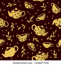 Seamless pattern with golden teapots and cups. Vector template.