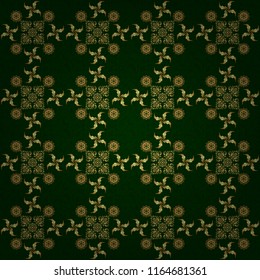 Seamless pattern of golden textured curls. Vector brilliant lace, stylized flowers, paisley. Oriental style arabesques on a green backdrop. Openwork weaving delicate, golden background.