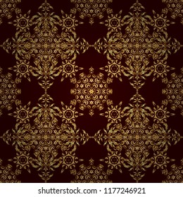 Seamless pattern of golden textured curls. Vector brilliant lace, stylized flowers, paisley. Oriental style arabesques on a brown backdrop. Openwork weaving delicate, golden background.
